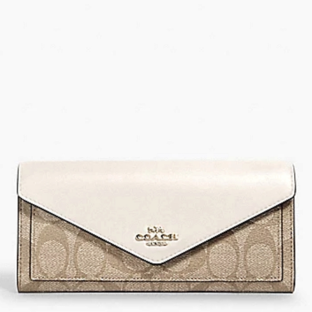 😍NWT Coach Light Khaki Chalk White Signature Coated Canvas Slim Envelope Wallet